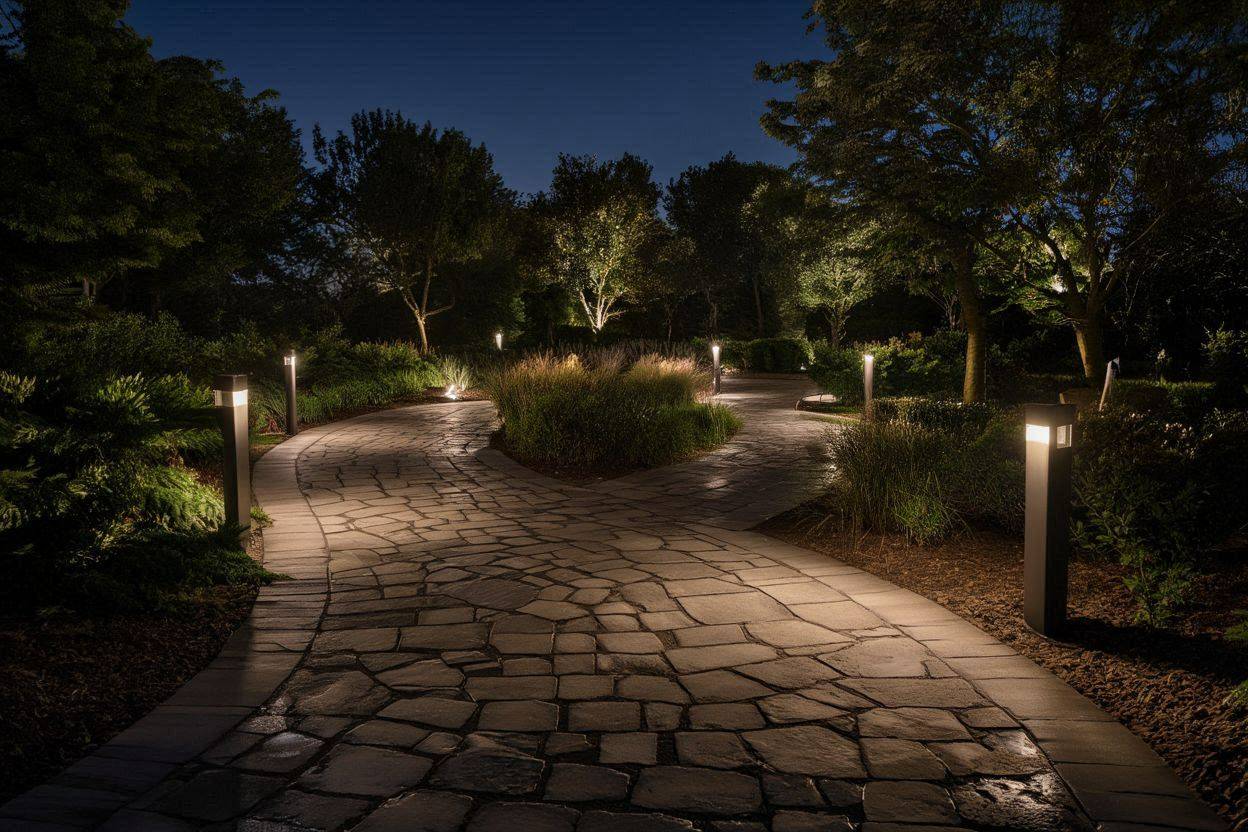 Buitenlampen Gids - Tuinpad verlichting schijnt 's nachts