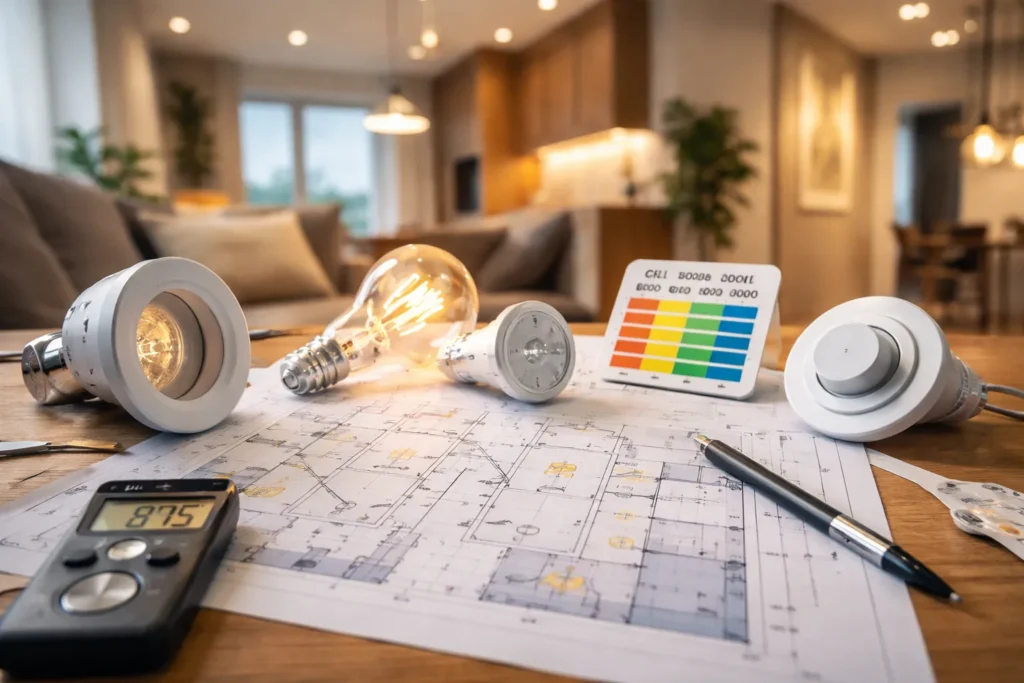 Lichtplan met lampen, dimmer en lumenmeter op tafel in moderne woonkamer