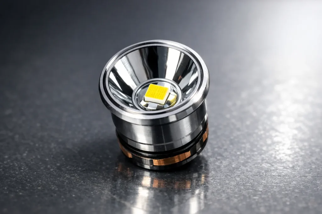 Close-up van een krachtige LED lichtbron met reflector op donkere ondergrond