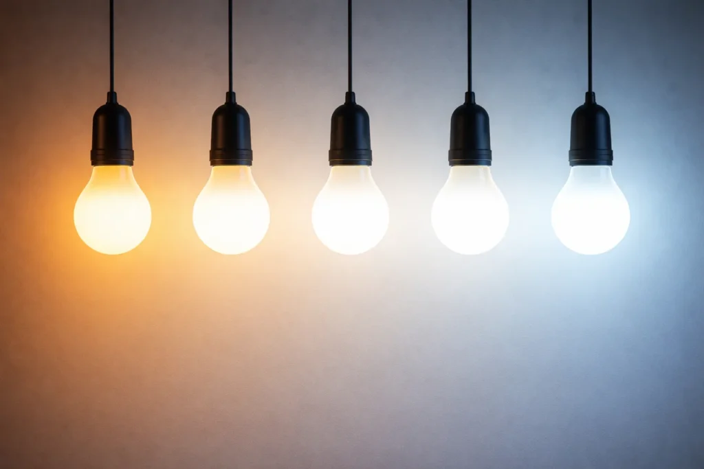 Vijf hangende lampen met oplopende kleurtemperatuur van warm geel tot koel wit licht.