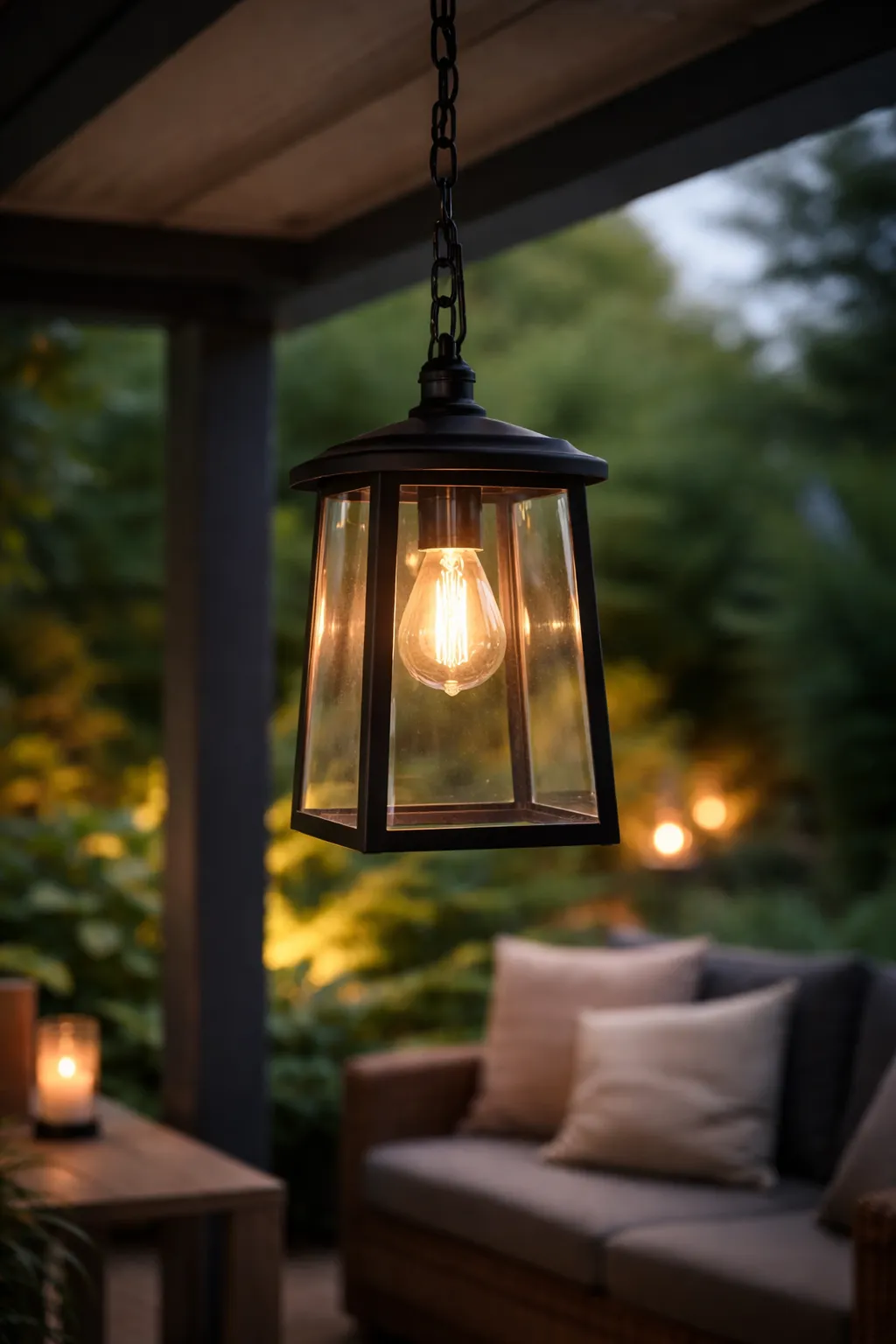 Moderne zwarte hanglamp met warm licht op een overdekt terras in de tuin.