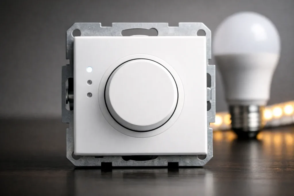 Moderne LED dimmer met draaiknop en LED lamp op de achtergrond