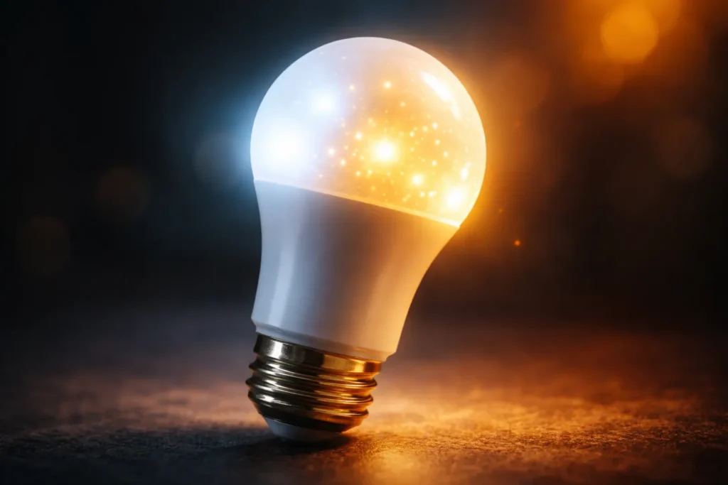 Close-up van een flikkerende LED lamp in een donkere ruimte