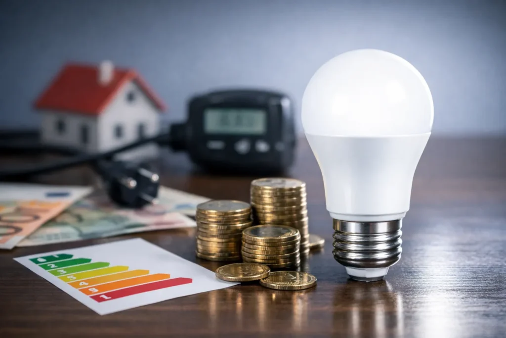 Moderne woonkamer met brandende energiezuinige LED-lampen in plafondarmatuur