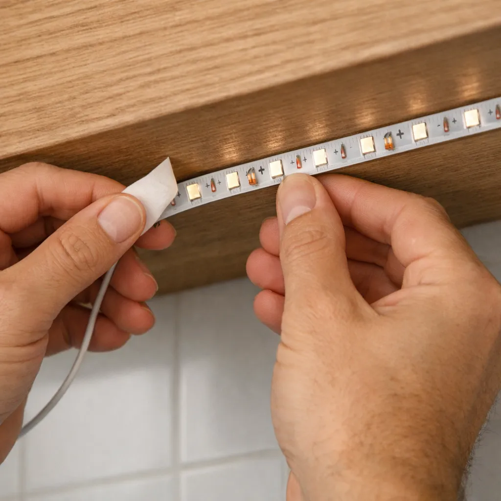 Handen bevestigen een LED strip onder een houten kast.