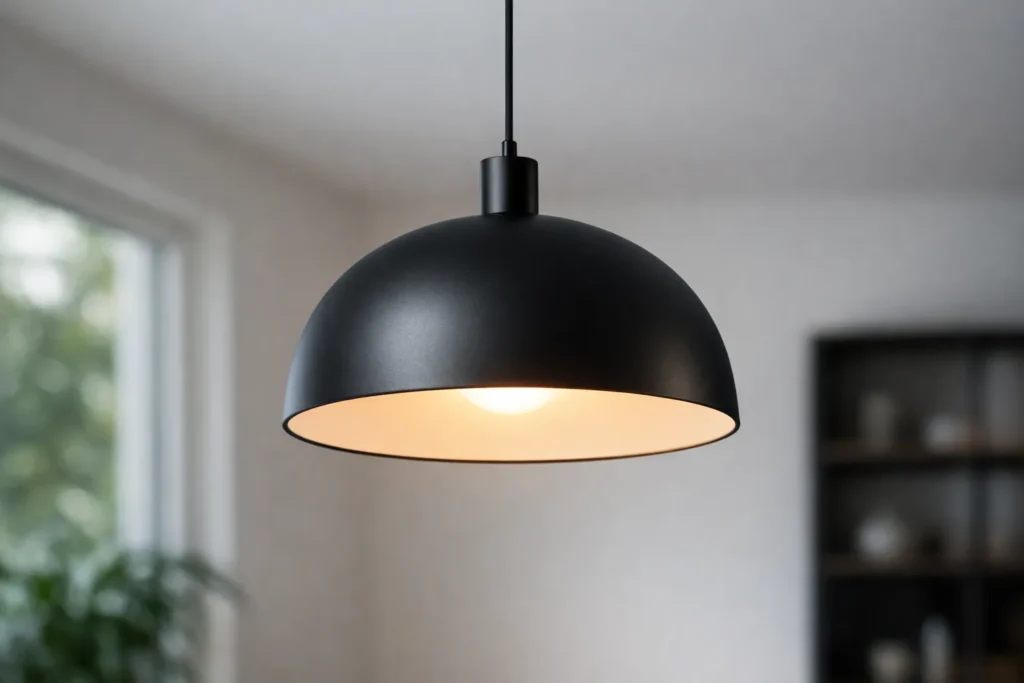 Zwarte hanglamp op ideale hoogte in moderne woonkamer