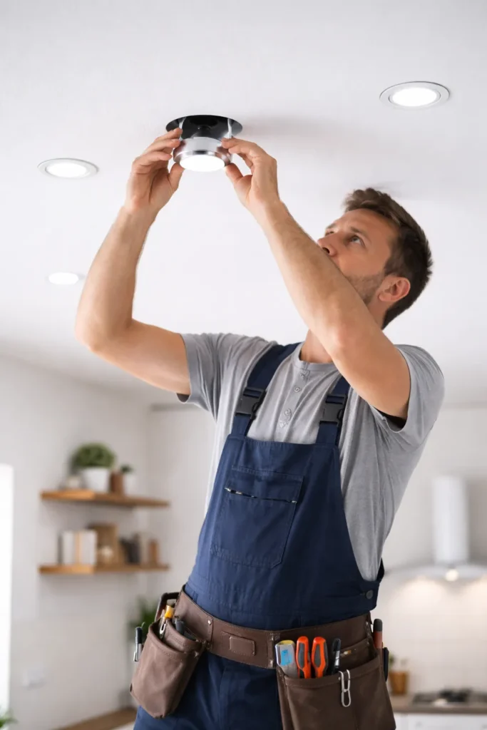 Monteur plaatst inbouwspot in wit plafond