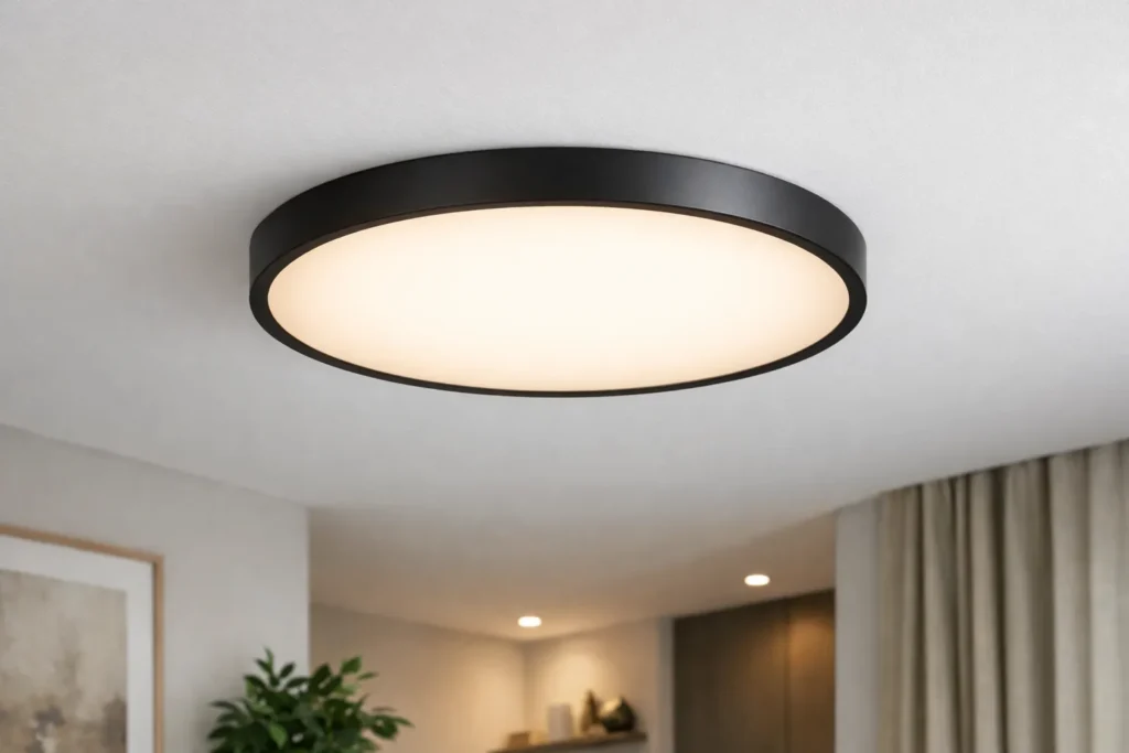 Ronde zwarte plafondlamp met warm wit licht aan het plafond