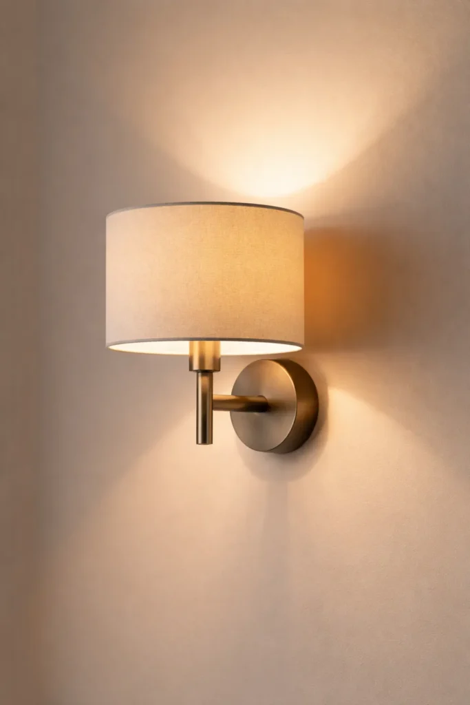 Zwarte moderne wandlamp naast een beige bank in een stijlvolle woonkamer