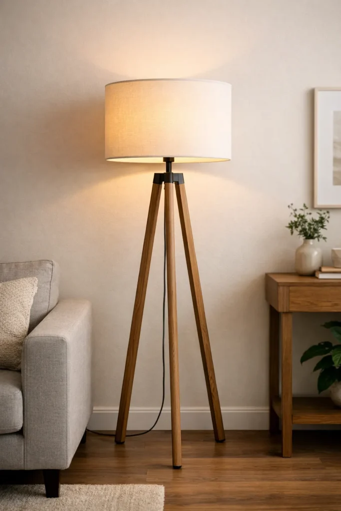 Moderne houten vloerlamp met stoffen kap naast bank in woonkamer