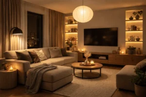 Moderne woonkamer met warme sfeerverlichting, hanglamp en vloerlamp in de avond.