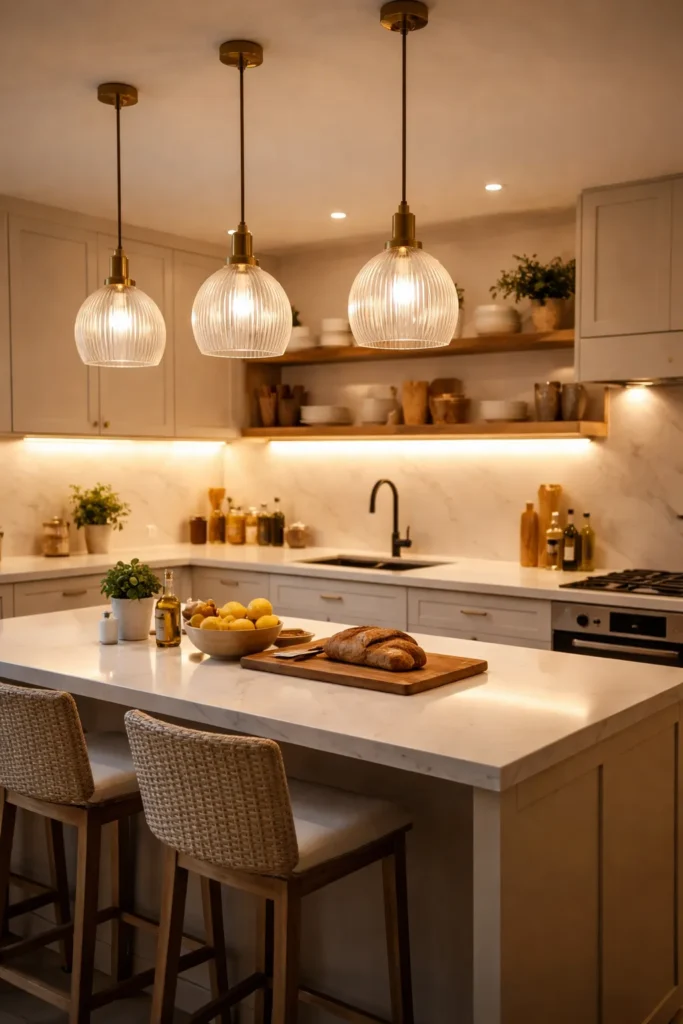 Moderne keuken met drie glazen hanglampen boven kookeiland en warme sfeerverlichting.