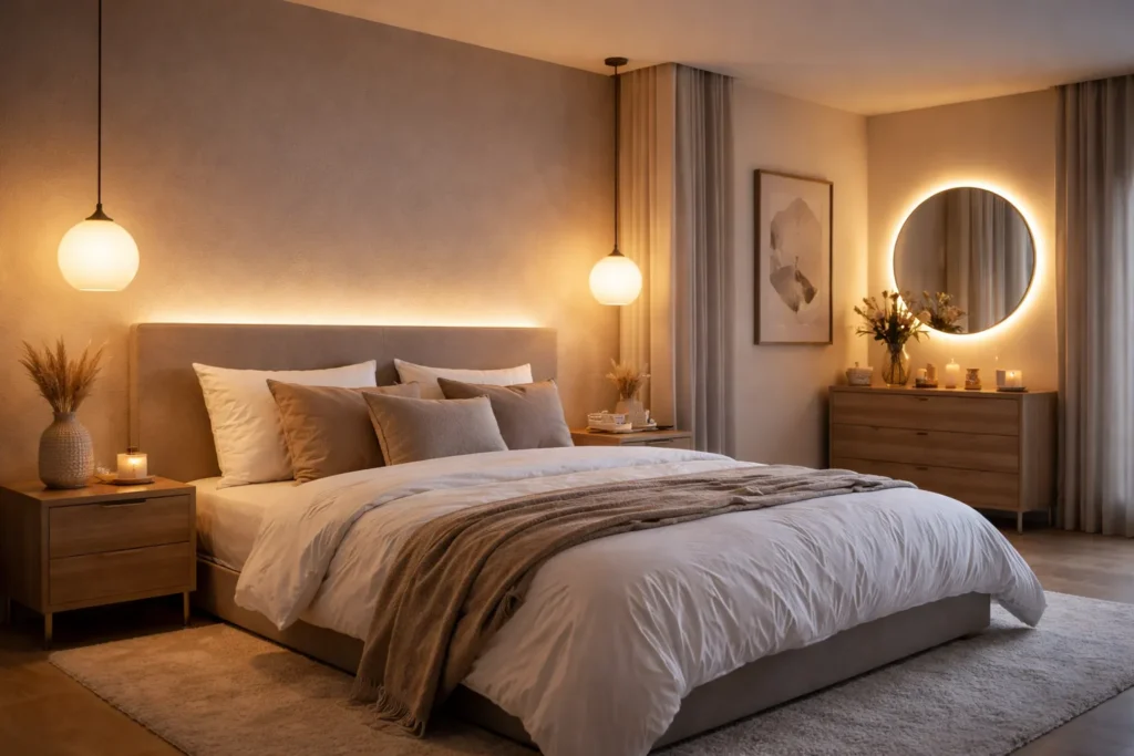 Moderne slaapkamer met warme indirecte verlichting en hanglampen naast het bed