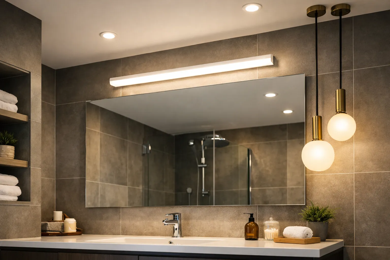 Moderne badkamer met spiegelverlichting en plafondspots