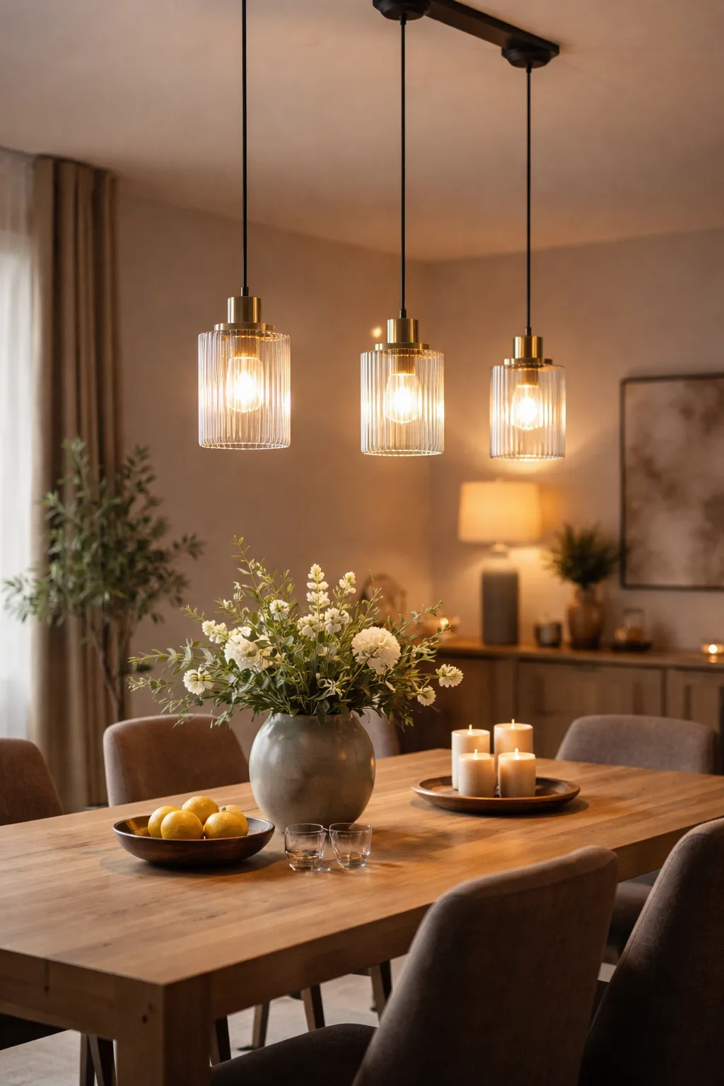 Moderne eettafel met drie hanglampen en warm licht.