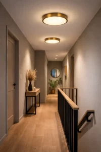 Moderne hal en overloop met warme plafondverlichting en wandlampen