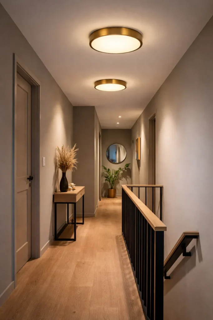 Moderne hal en overloop met warme plafondverlichting en wandlampen