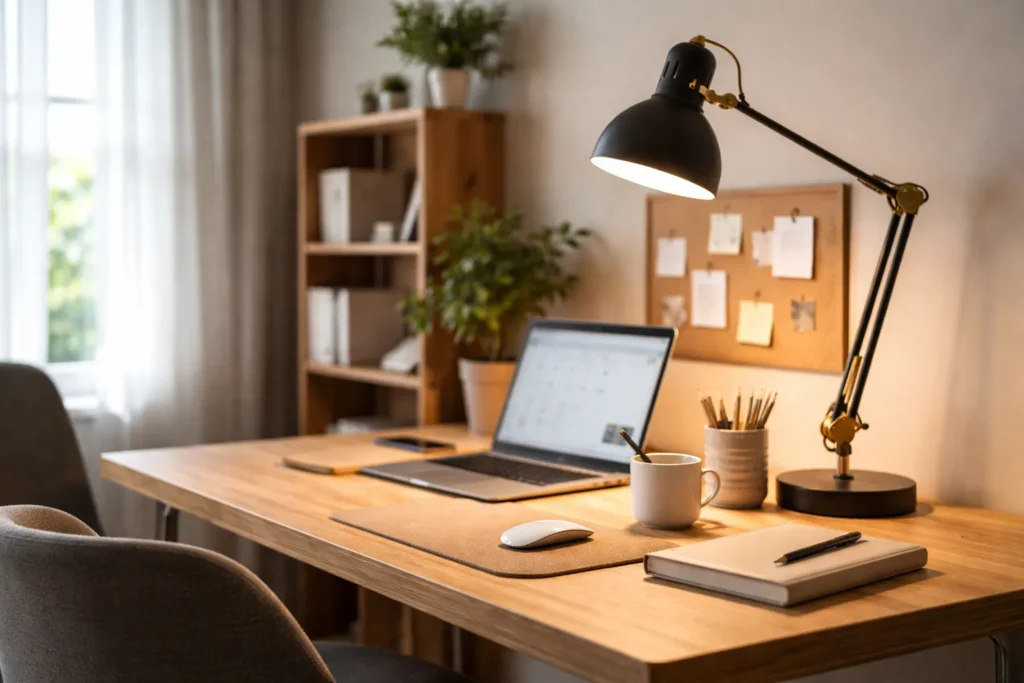 Moderne thuiswerkplek met bureau, bureaulamp en natuurlijk daglicht